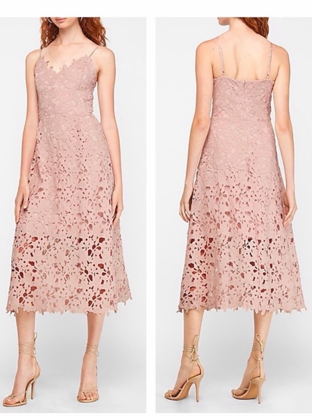 EXPRESS Rose Blush Lace Midi Dress with Spaghetti Straps
